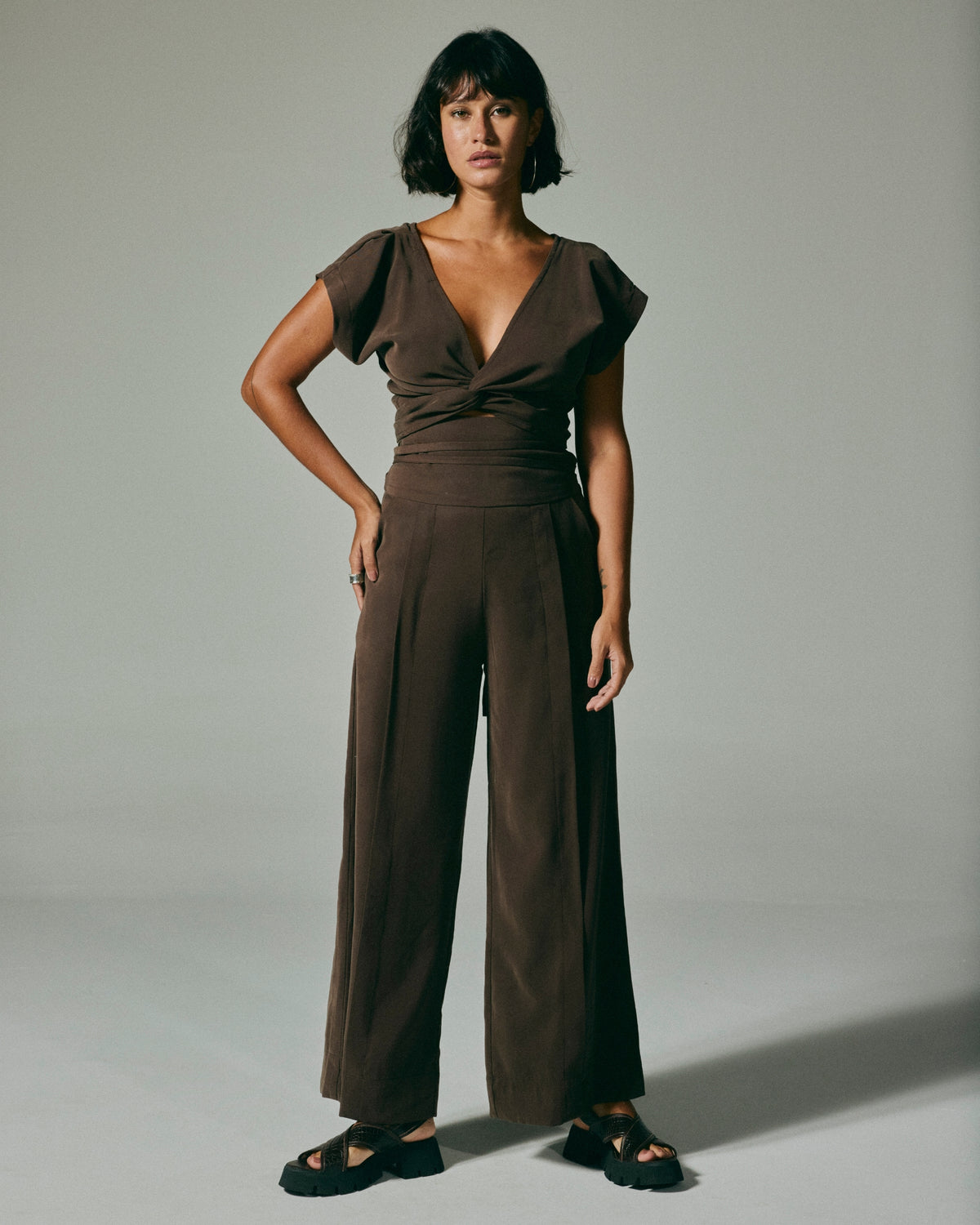 Calça Alta Tencel Marrom