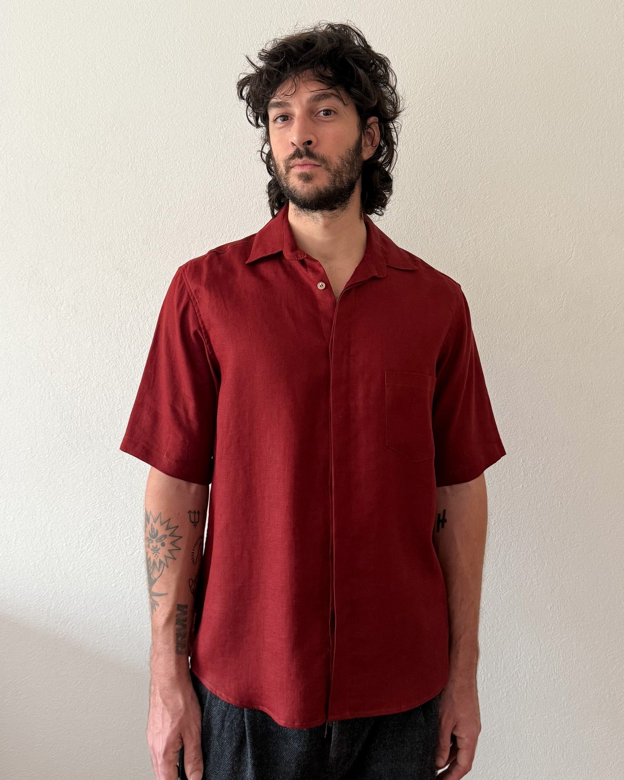 Camisa Miguel Linho Manga Curta Vinho