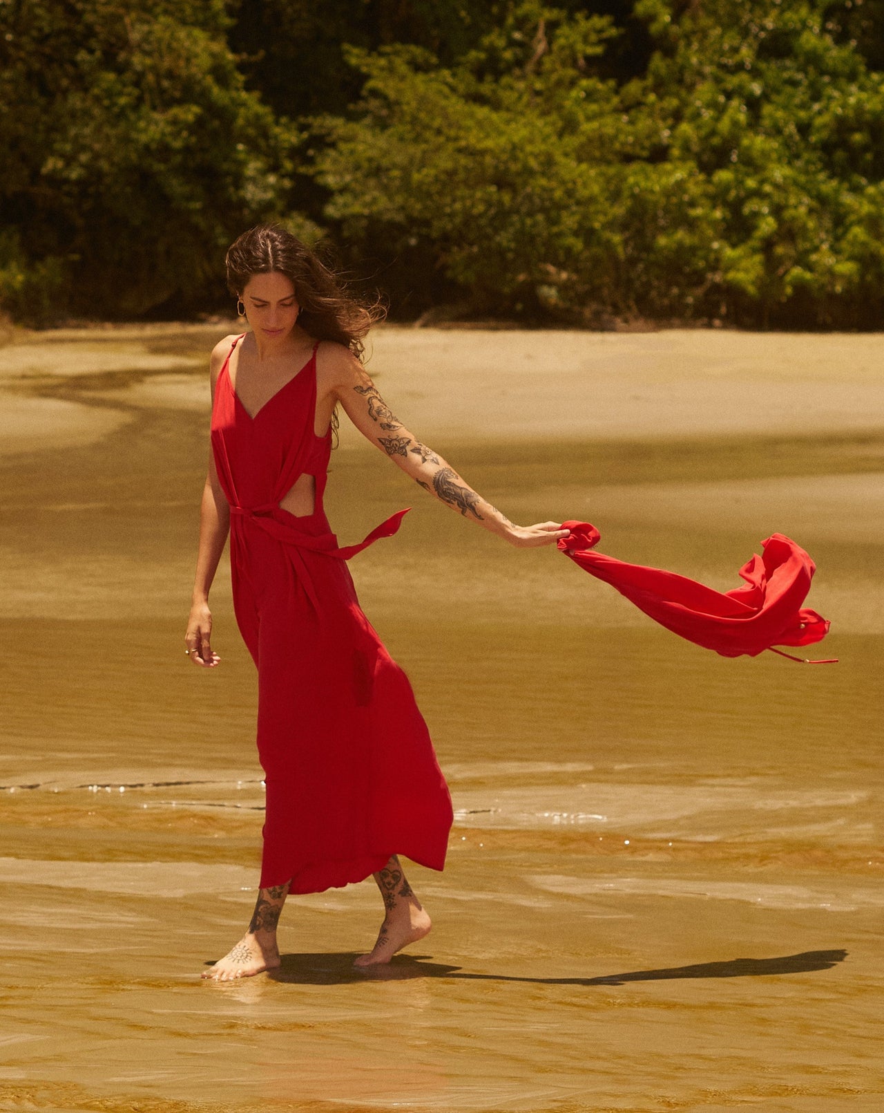 Vestido Vazado Longo Seda Vermelha